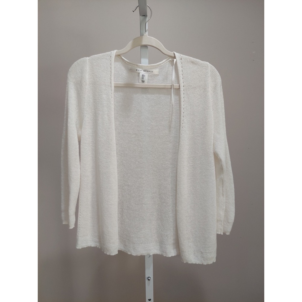 Max Studio White Linen Blend Open Front Pointelle Knit Cardigan Small